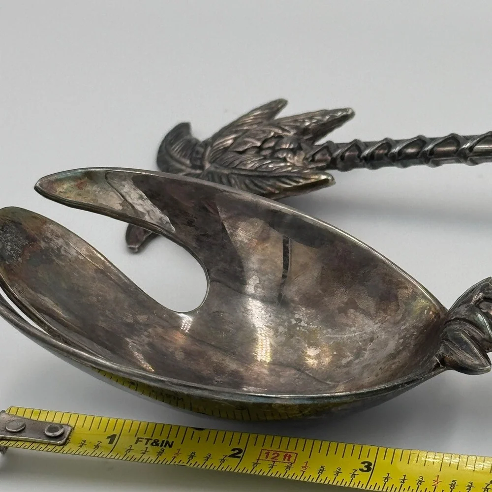 Vintage Palm Tree Salad Serving Set Silver Tone Tropical Coastal Tiki